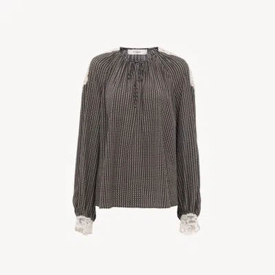 Chloé Open-neck Top In Crêpe De Chine & Lace In Brown