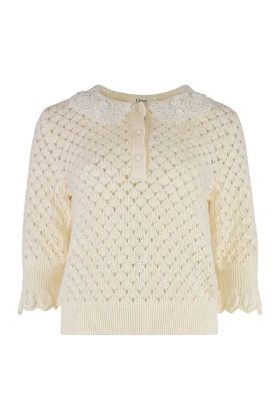 Chloé Openwork-knit Polo Shirt In White