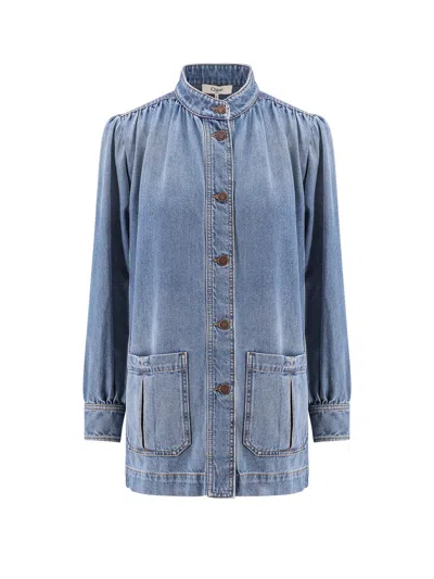 Chloé Long High Neck Gathered Denim Jacket In Iced Blue
