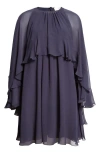 Chloé Mini Cape Dress In Silk Georgette In Graphite Blue
