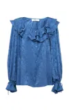 Chloé Floral Silk Jacquard Ruffle Top In Blue