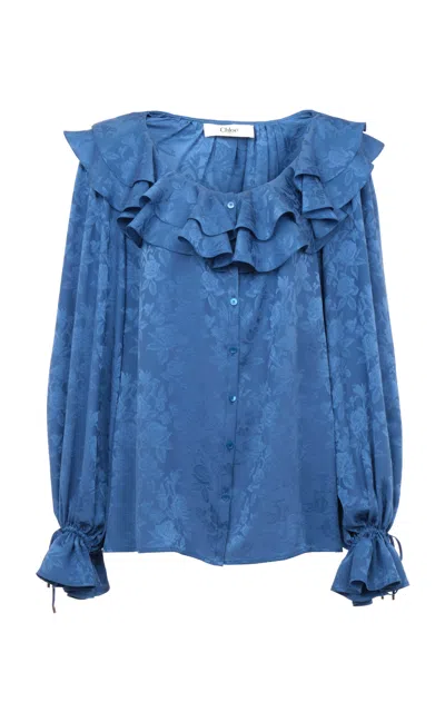 Chloé Organic-silk Rose-jacquard Top In Blue