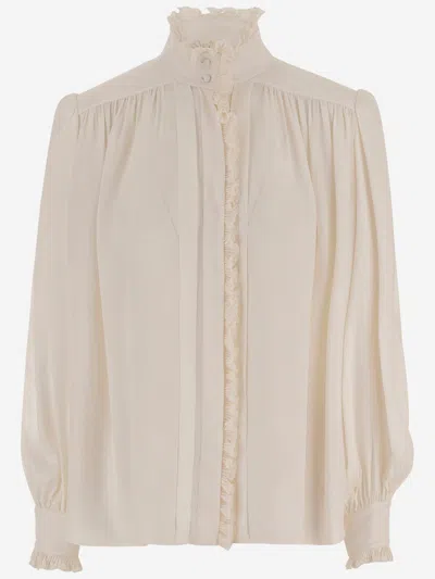 Chloé Oversized Blouse With Silk Jacquard Ruffles In Neutral