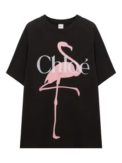 CHLOÉ CHLOÉ OVERSIZED FIT FLAMINGO-PRINT COTTON JERSEY T-SHIRT CLOTHING