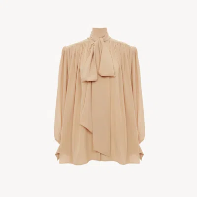 Chloé Oversized Gathered Lavallière Blouse In Crêpe De Chine Brown Size 10 100% Silk, Pinctada Maxima, Far In Neutral