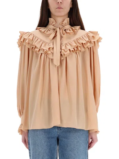 Chloé Oversized Ruffle Top In Crêpe De Chine In Brown