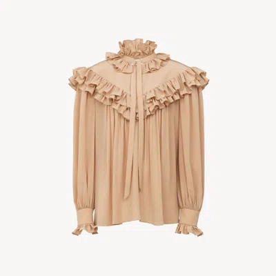CHLOÉ OVERSIZED RUFFLE TOP IN CRÊPE DE CHINE BROWN SIZE 2 100% SILK