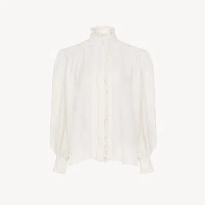 CHLOÉ OVERSIZED RUFFLED BLOUSE IN SILK JACQUARD WHITE SIZE 12 100% SILK, PINCTADA MAXIMA, FARMED, COO AUST