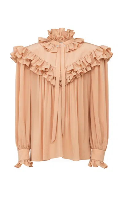 Chloé Oversized Ruffled Crepe De Chine Top In Brown