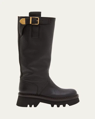 Chloé Owena Tall Leather Buckle Boots In Enigmatic Brown