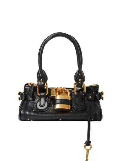 Chloé Paddington Black Shoulder Bag With Oversized Padlock And C-shaped Buckles In Grainy Leather Woman