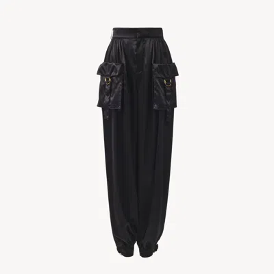 Chloé Pantalon Cargo Fluide En Satin De Soie Femme Noir Taille 42 100% Soie, Horn Bubalus Bubalis, Farmed,