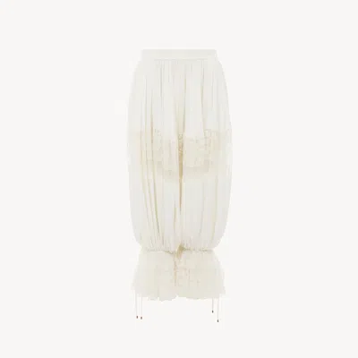 Chloé Pantalon Court Fluide En Charmeuse De Soie Et Dentelle Femme Blanc Taille 40 100% Soie In White