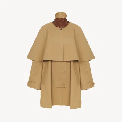 Chloé Parka En Gabardine De Coton À Cape Femme Brun Taille 36 100% Coton, Horn Bubalus Bubalis, Farmed, Co In Green