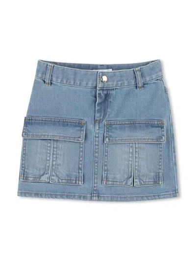 Chloé Kids' Minigonna In Denim Con Tasche Applicate In Blue