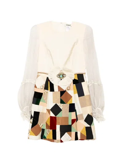Pre-owned Chloé Patchwork Ruffled-sleeve Dress In Neutral
