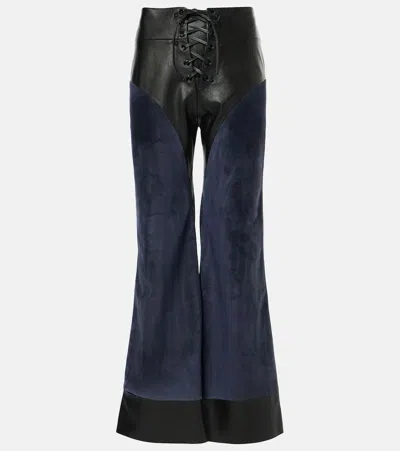 Chloé Lace-up Paneled Leather And Suede Flared Pants In Blue