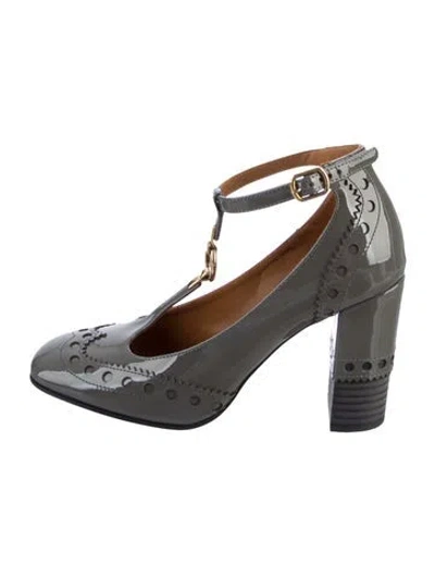 Pre-owned Chloé Patent Leather Lasercut Accents T-strap Pumps In Gray