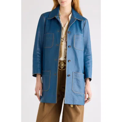 Chloé Patine Leather Car Coat In Blue