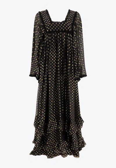 Chloé Maxi Dress Silk Ruffles Scoop Neckline In Black