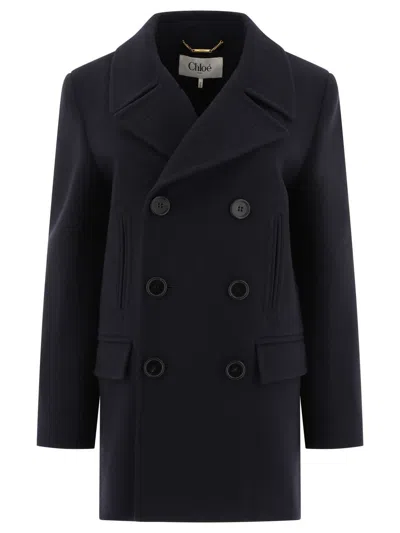 Chloé Pea Coat In Double Wool Crêpe Blue Size 6 100% Wool, Horn Bubalus Bubalis, Farmed, Coo India