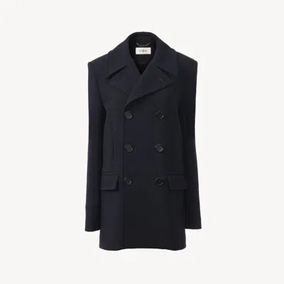 CHLOÉ PEA COAT IN DOUBLE WOOL CRÊPE BLUE SIZE 6 100% WOOL, HORN BUBALUS BUBALIS, FARMED, COO INDIA