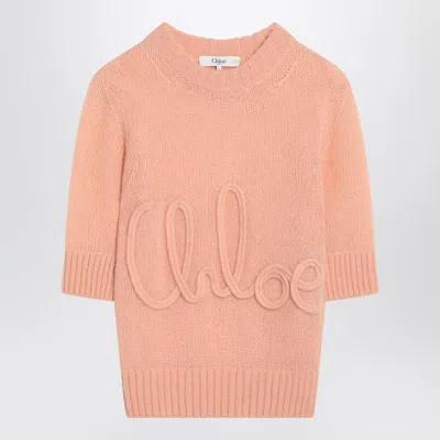 CHLOÉ CHLOÉ PEACH-COLORED TOP WITH LOGO EMBROIDERY