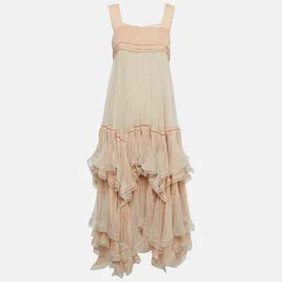 Pre-owned Chloé Peach/cream Crepe And Silk Ruffle Midi Dress M In Orange
