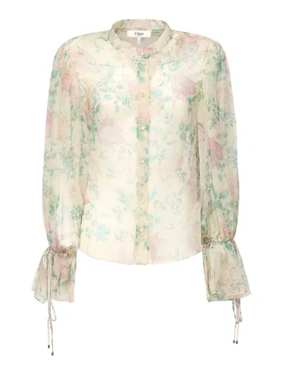 Chloé Peony Print Blouse In Silk Muslin In Sand