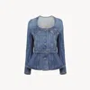 Chloé Peplum Riding Jacket In Denim Blue Size 10 100% Cotton In Blue