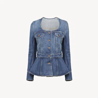 Chloé Peplum Riding Jacket In Denim Blue Size 10 100% Cotton