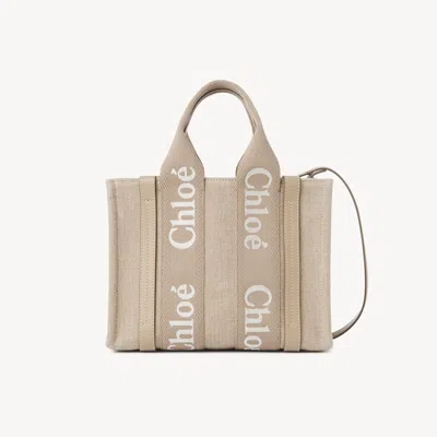 Chloé Petit Sac Cabas Woody En Toile De Lin Femme Brun Taille Onesize 100% Lin, Cuir De Veau In Brown