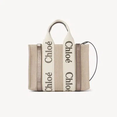 Chloé Petit Sac Cabas Woody En Toile De Lin Femme Gris Taille Onesize 100% Lin, Cuir De Veau In Grey