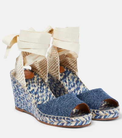 Chloé Piia Espadrille Wedge Blue Size 2 87% Cotton, 13% Hemp, Bovine Leather In Denim