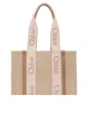 Chloé Pink And Beige Woody Medium Shopping Bag With Shoulder Strap In Beige