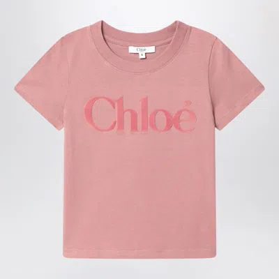 CHLOÉ PINK COTTON T-SHIRT WITH LOGO