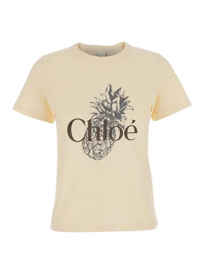 Chloé Pink Crewneck T-shirt With Maxi Logo Print On The Front In Cotton Woman In Nude