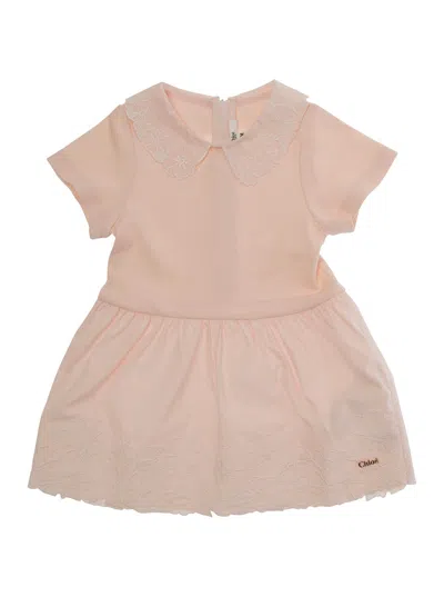 Chloé Pink Dress With Logo Lettering On The Front And All-over Embroidery In Fabric Baby In Gray