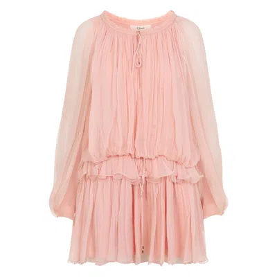 Chloé Women Pink Mini Dress With Drawstring On The Front And Cape Design In Silk Woman In Neutral