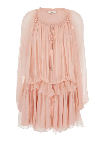 Chloé Women Pink Mini Dress With Drawstring On The Front And Cape Design In Silk Woman In Neutral