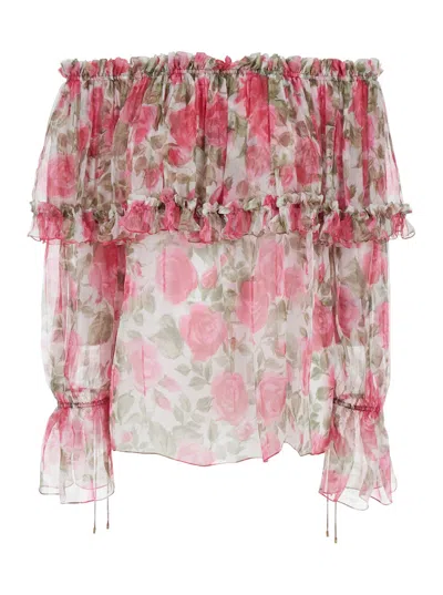 Chloé Pink Off-shoulder Top With All-over Floral Print In Fabric Woman