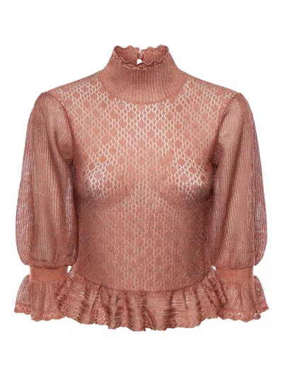 Chloé Ruffled Puff-sleeve Sweater In A Lurex Knit In Brown