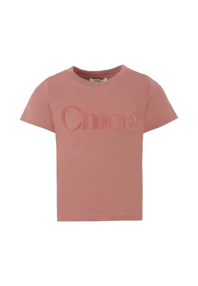 Chloé Kids' Pink T-shirt For Girl With Velvet Logo In Brown