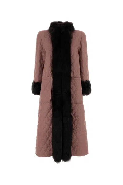 Chloé Tech Satin Long Coat Fur Trim Pockets In Pink