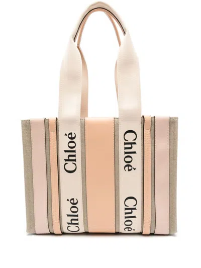 Chloé Pink Woody Medium Linen Tote Bag