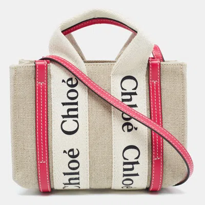 Chloé Pink/beige Canvas And Leather Mini Woody Tote In Multi