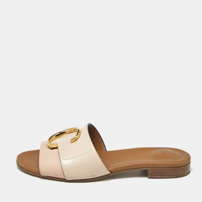 Pre-owned Chloé Pink/cream Leather Flat Slides Size 35 In Sand