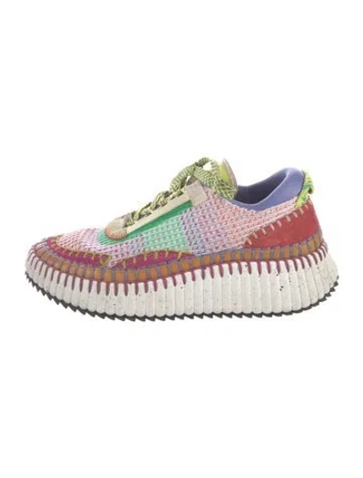 Pre-owned Chloé Plaid Print Whipstitch Trim Sneakers In Pink