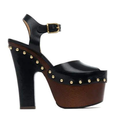 Chloé Black Shiny Calfskin Leather Meret Platform Clogs