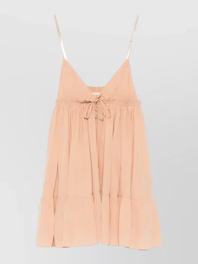 Chloé Pleated Mini Dress Ruffled Hem Tie Straps In Pink